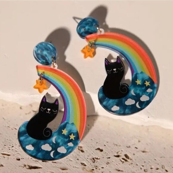 14k BLACK CAT RAINBOW MOON Cute fun whimsical kawaii novelty earrings - Picture 4 of 6